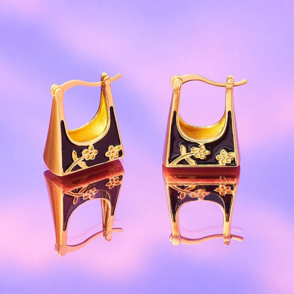 Enamel Flower Huggie Earrings - Image 2