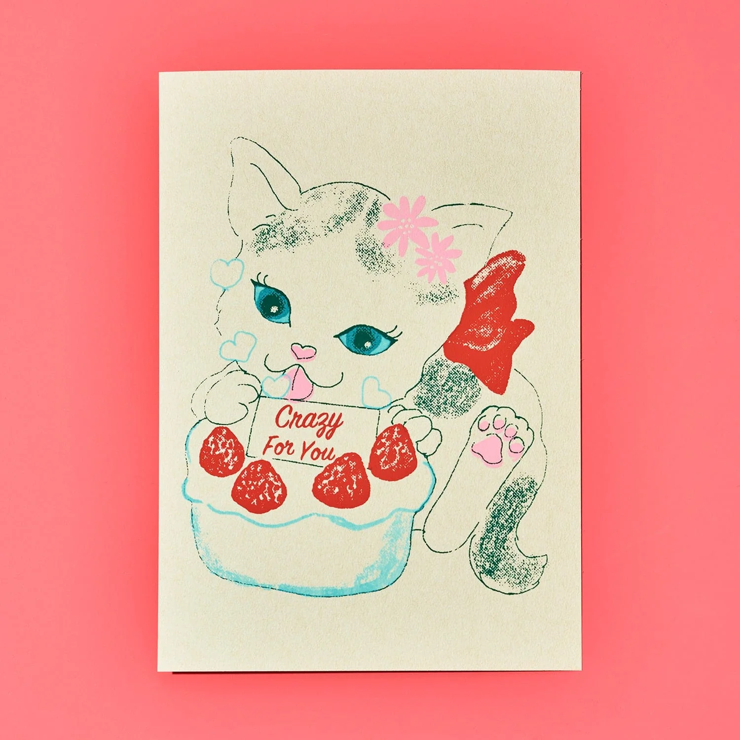 Hand Silkscreen Postcard - Crazy For You Cat