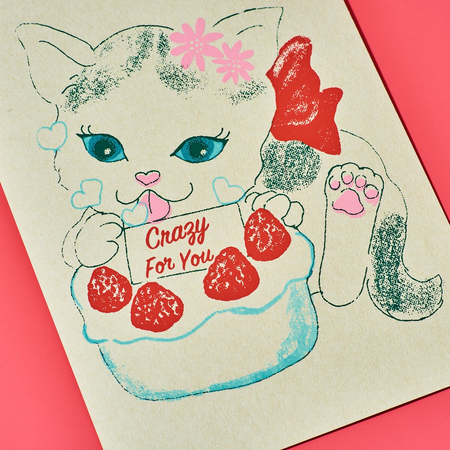Hand Silkscreen Postcard - Crazy For You Cat - Image 2